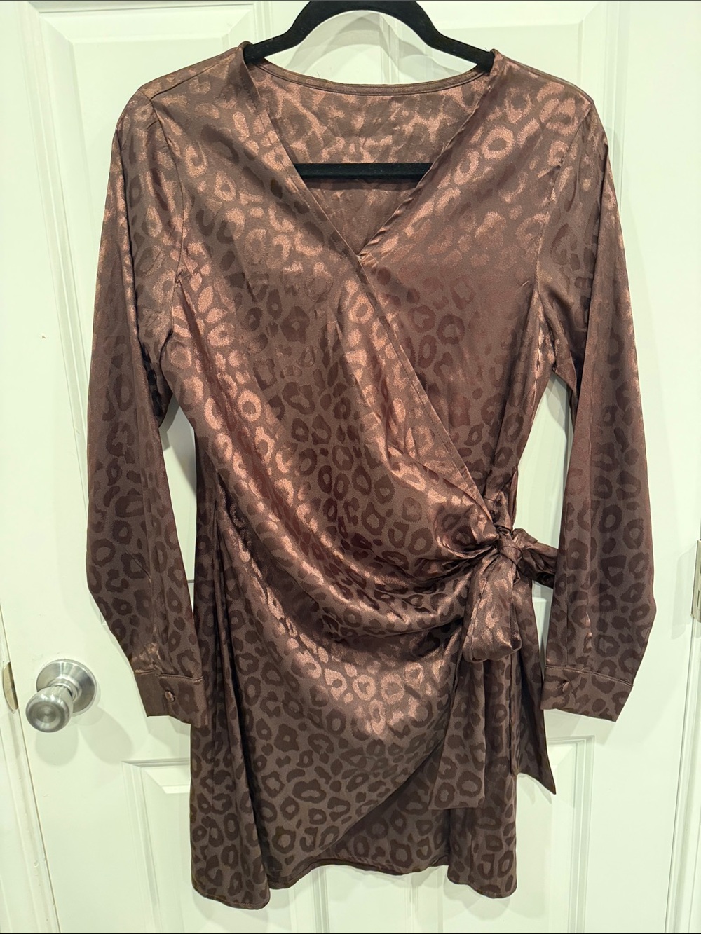 Satin Leopard-Print Wrap Dress with Side Tie - Brown